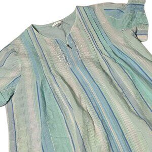 Miss Elaine L Blue Stripe Cotton Blend Seersucker Full Zip Short Robe Lounger